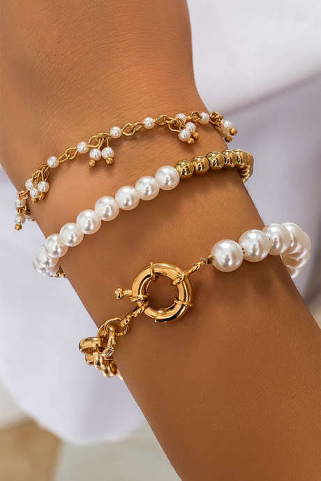 Gold 3pcs Pearl Plated Alloy Beaded Bracelet Set