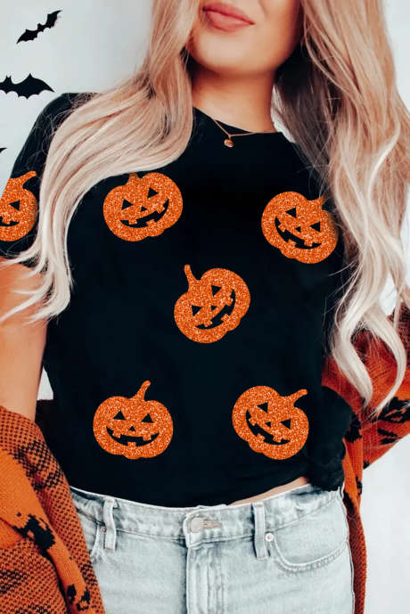 Tricou de Halloween negru strălucitor cu fața de dovleac
