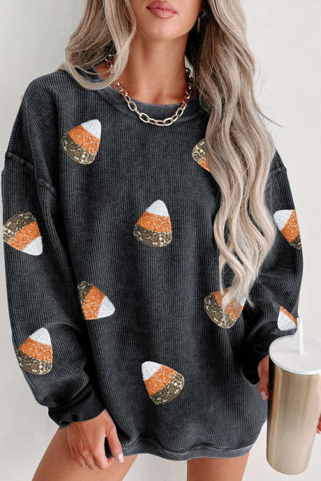 Sweat-shirt d'Halloween en velours côtelé avec patchs en forme de bonbons à paillettes noires