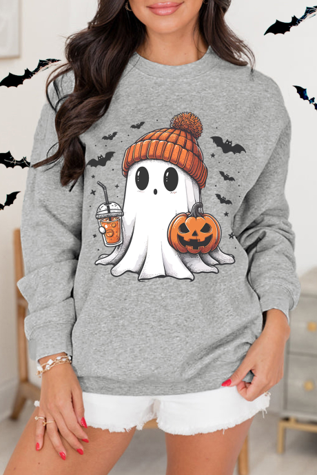 Hanorac gri de Halloween, cu imprimeu fantomă, cu umăr căzut