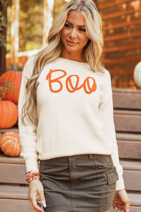 Sweater Bahu Terbuka Motif Rajutan Apricot Boo dengan Tepi Bergaris
