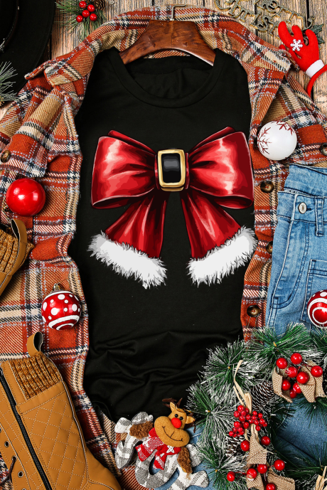 Camiseta preta de gola redonda com estampa de laço grande de Natal LC25226942-2