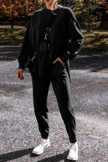 Комплект из черного однотонного свитера с высокой посадкой и узких брюк LC626533-P2