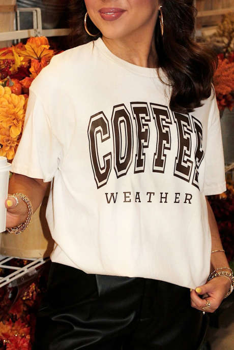 T-shirt blanc à col rond et imprimé COFFEE WEATHER LC25226980-1