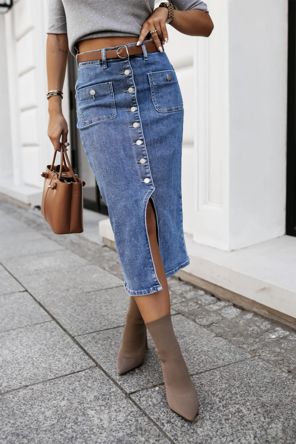 High Waist Pocketed Denim Skirt