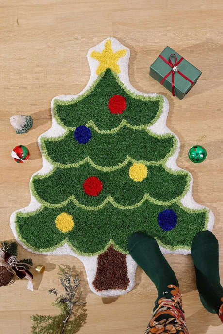 Tapis antidérapant en peluche en forme de sapin de Noël vert foncé BH051423-P209