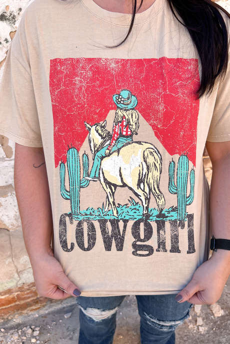 Khaki Cowgirl Rodeo Graphic Western Fashion T-paita