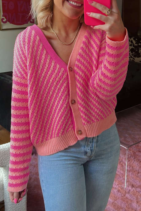 Cardigan con spalle scese e scollo a V con bottoni a righe rosa LC2712003-P1022