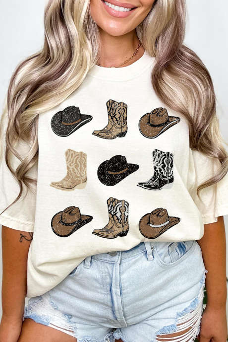 T-shirt imprimé bottes de cow-boy blanches à la mode occidentale LC25227031-1