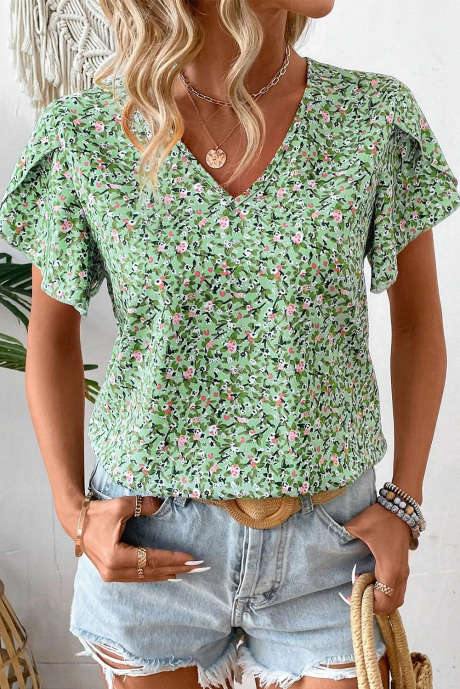 Blusa verde boho floral com decote em V e manga curta