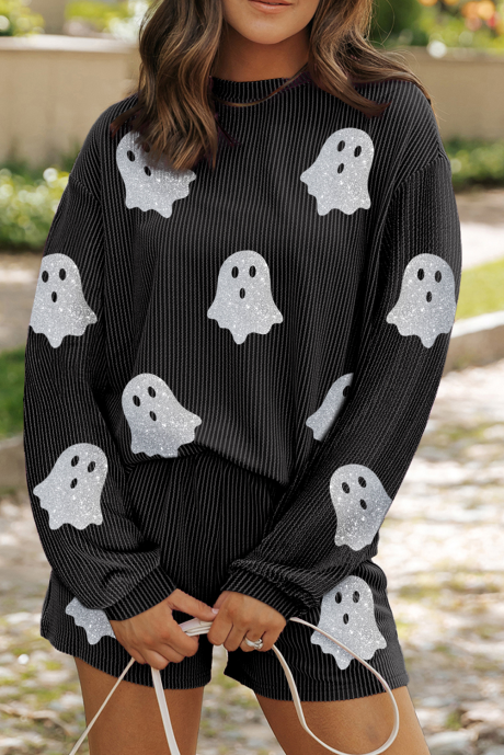 Completo due pezzi con pullover e pantaloncini in cordoncino con grafica fantasma di Halloween grigio carbone LC626892-P4011