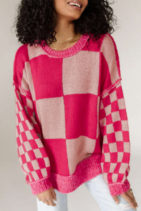 Pull ample à épaules tombantes et motif à carreaux mixtes rouge rose LC2725852-P622