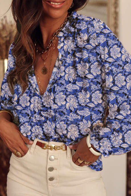 Blusa azul cielo con estampado floral, escote dividido y mangas abullonadas plisadas LC25121840-4