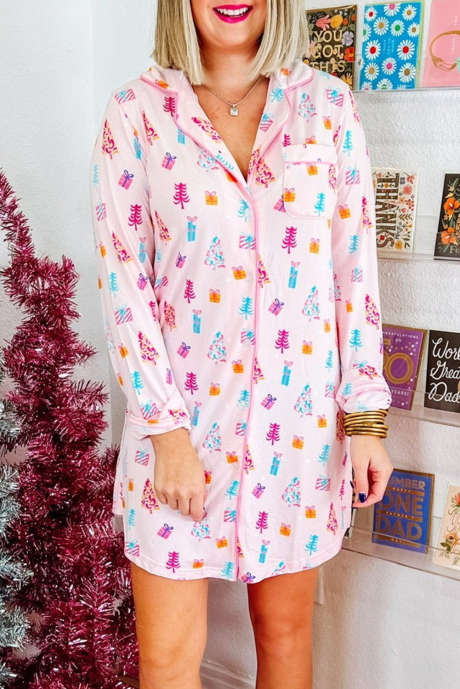 Pink Christmas Twinkle Tree Print Shirt Shirt Dress