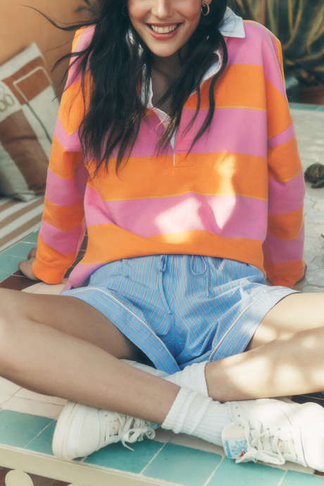 Moletom com gola polo e bloco de cores listrado amarelo LC25318071-P719