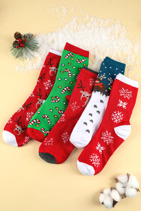 Dearlove Meias Vermelhas de Natal com Estampa de Alce, Conjunto com 5 Pares e Caixa.