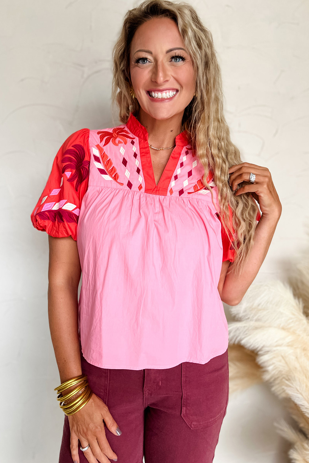 $10.75 Pink Floral Embroidered Notch V Neck Puff Sleeve $10.75 Pink Floral Embroidered Notch V Neck Puff Sleeve