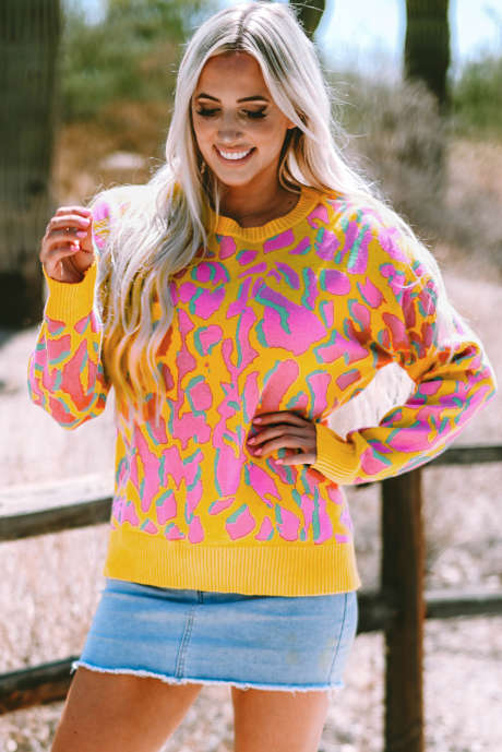 Suéter folgado com estampa abstrata laranja Vitality com acabamento canelado LC2724842-P2014