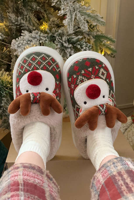 Chinelos de pelúcia de rena de desenho animado de Natal verde escuro