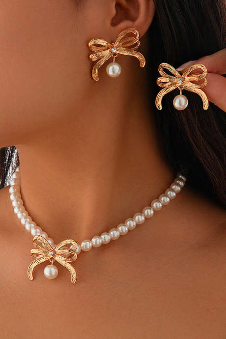 Gold Rhinestone Pearl Bow Decor Plated Necklace at Earrings Set