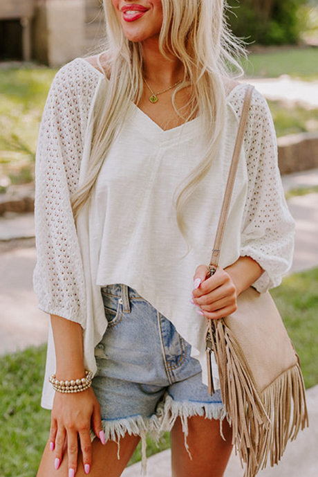 Hvit eyelet Patchwork Høy lav Hem V-hals Oversized topp