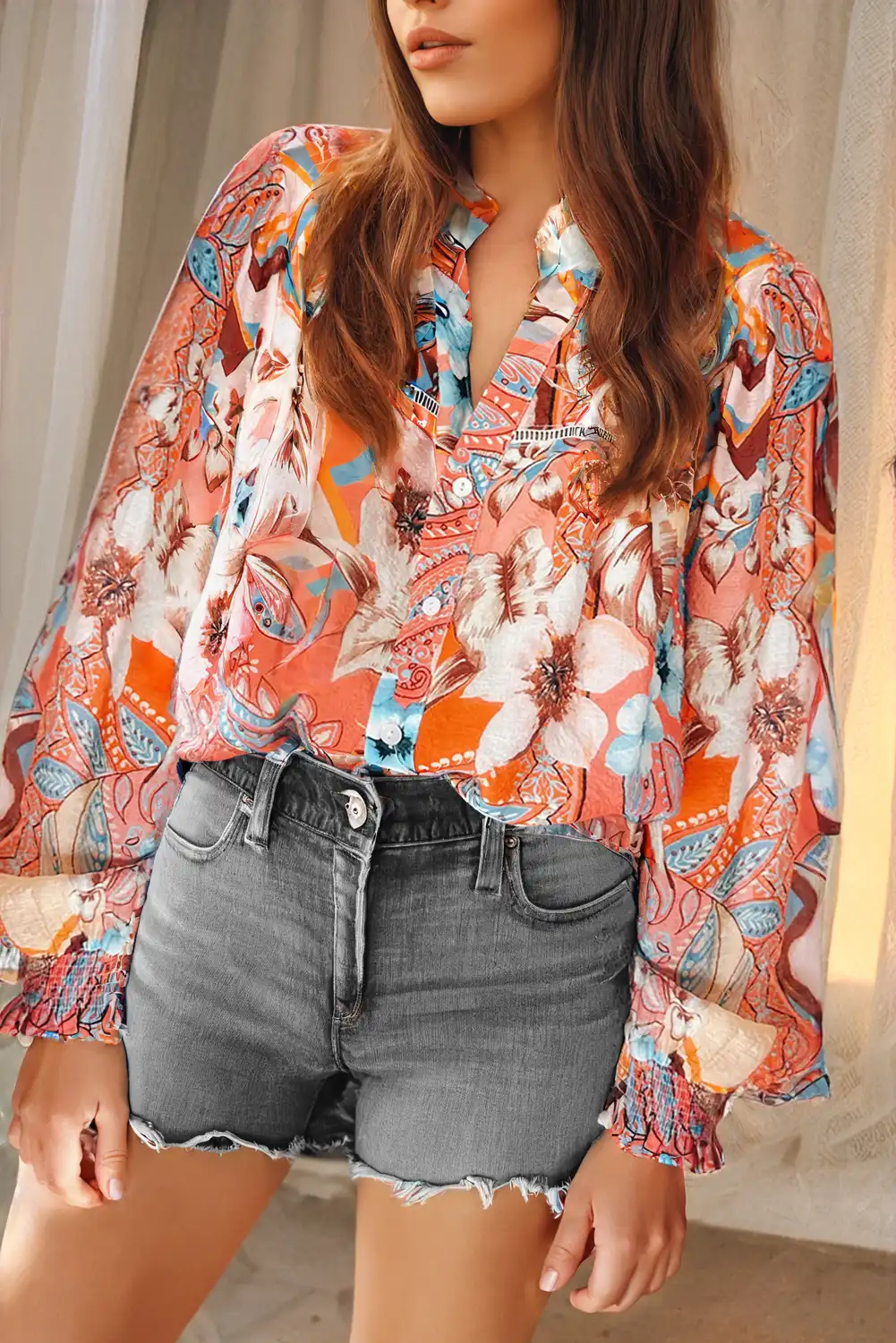 Orange Floral Print Shirred Cuff Buttoned Loose Shirt