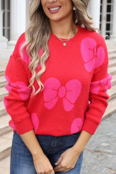 Suéter de cuello redondo de punto con lazo de San Valentín en rojo intenso LC2726170-P3