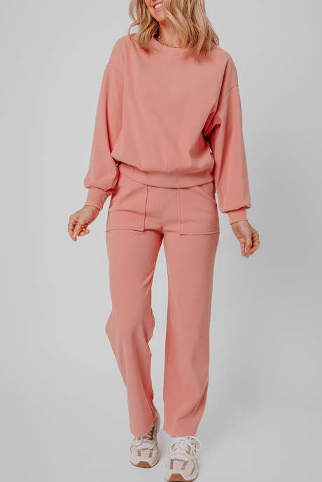 Blossom geribbelde gebreide tweedelige loungeset met verlaagde schouders en zakken