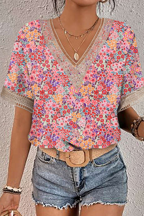 Mehrfarbige Bluse mit V-Ausschnitt und kurzen Ärmeln und Spitzenbesatz LC25118904-22