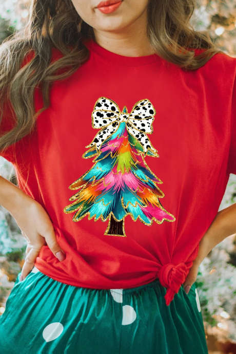 Maglietta grafica natalizia con fiocco rosso e albero di Natale LC25227210-103