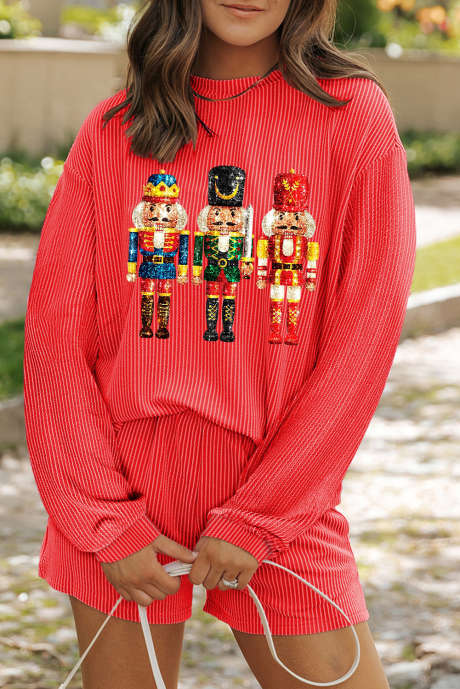 Gold Flame Heat Transfer Christmas Pähkinänsärkijä Ribbed pitkähihainen Top shortsit setti