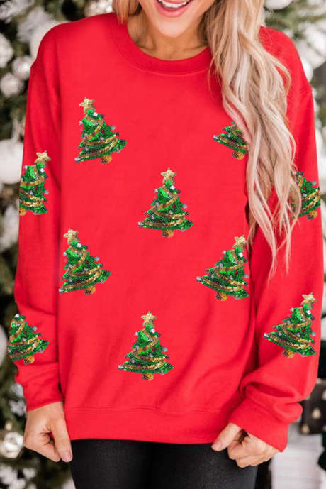 Áo nỉ hở vai họa tiết cây thông Noel màu đỏ sequin
