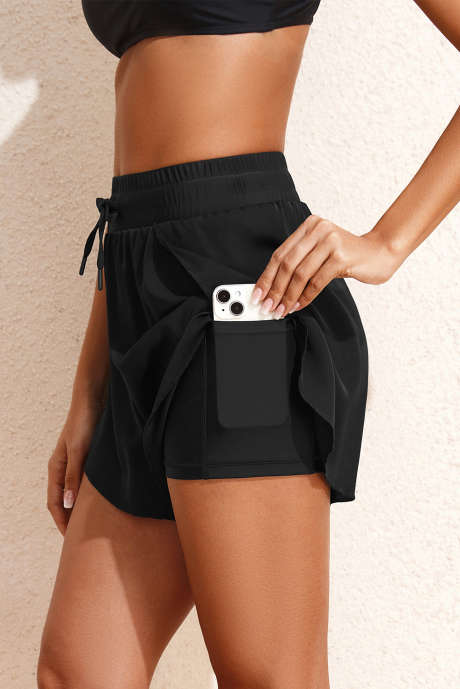 Zwarte hoge taille trekkoord 2-in-1 zijzak kleurblok bikini shorts