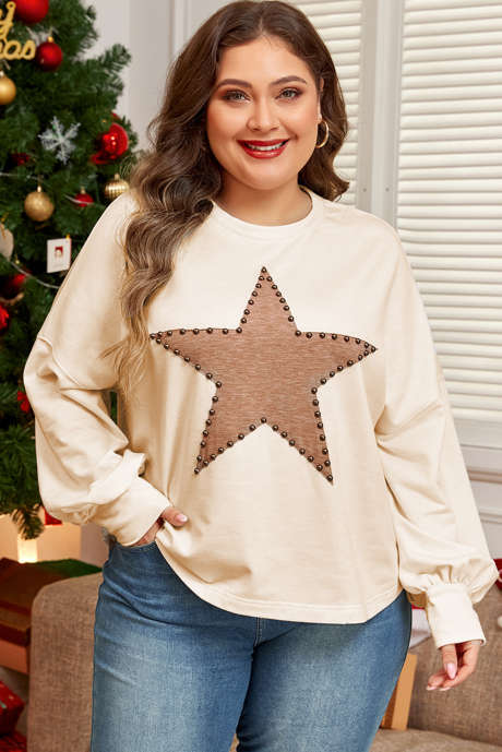 Camiseta bege em formato de estrela com gola redonda plus size