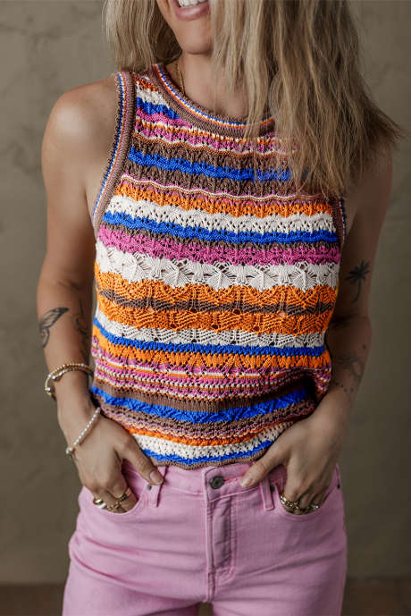 Ciemnoniebieski, prążkowany, teksturowany sweter z okrągłym dekoltem