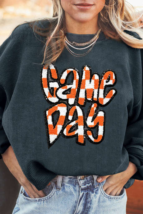 Tummanharmaa Chenille-ruudullinen Game Day Graphic Drop Shoulder -langallinen collegepaita