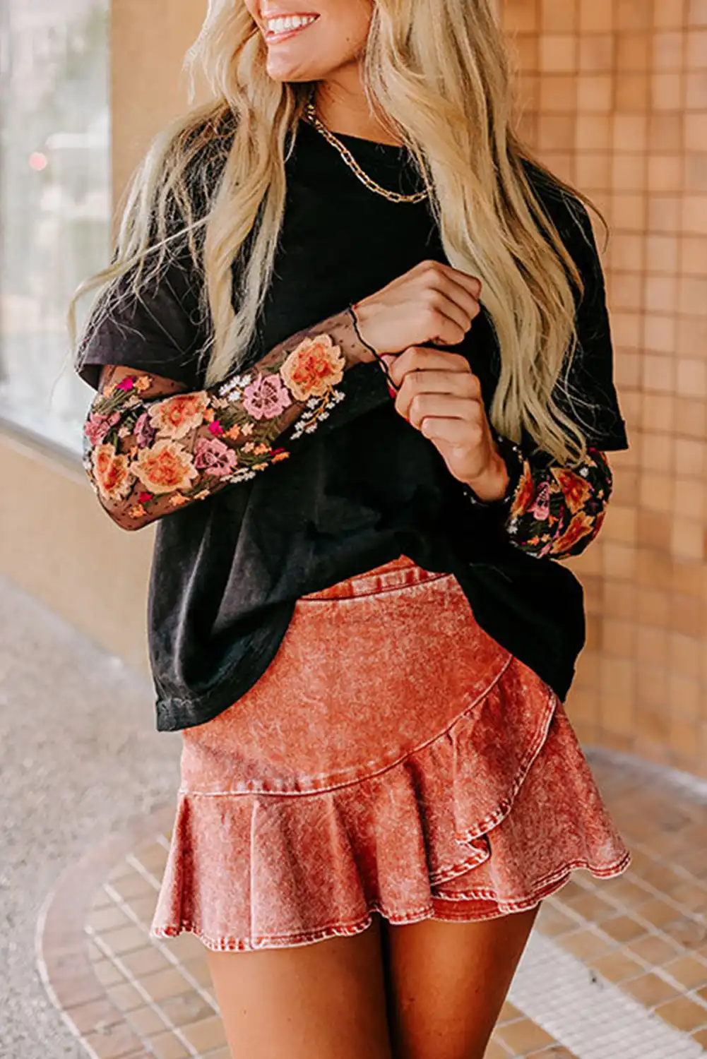 Black Faux Two Piece Floral Long Sleeve Patchwork Tee