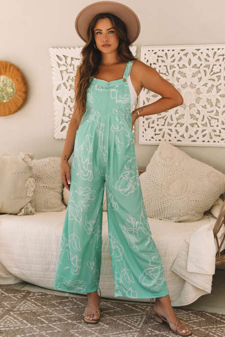 Moonlight Jade bedruckter Latz-Overall mit weitem Bein