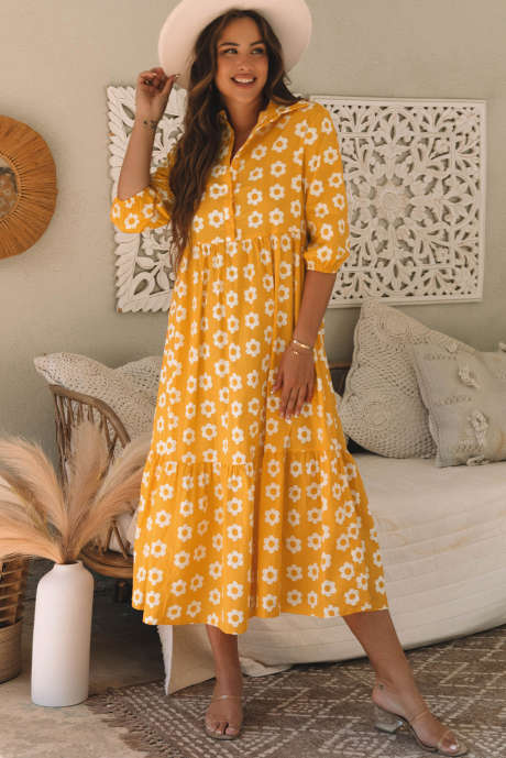 Gul blomst Print armbånd ermet knapper Collared Maxi Dress