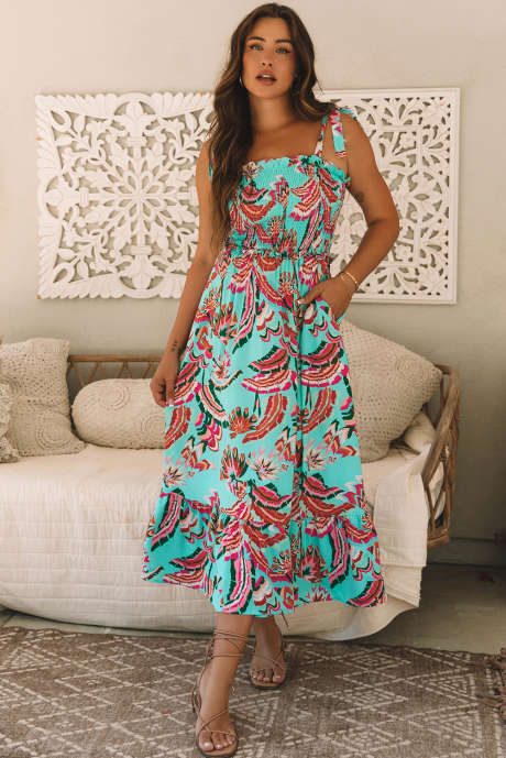 Vestido largo con volantes, tirantes anudados y escote fruncido con estampado abstracto verde LC6122434-P920