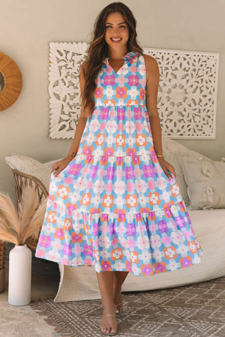 Sky Blue Floral Print Rynnehals Ermeløs lagdelt Maxi-kjole