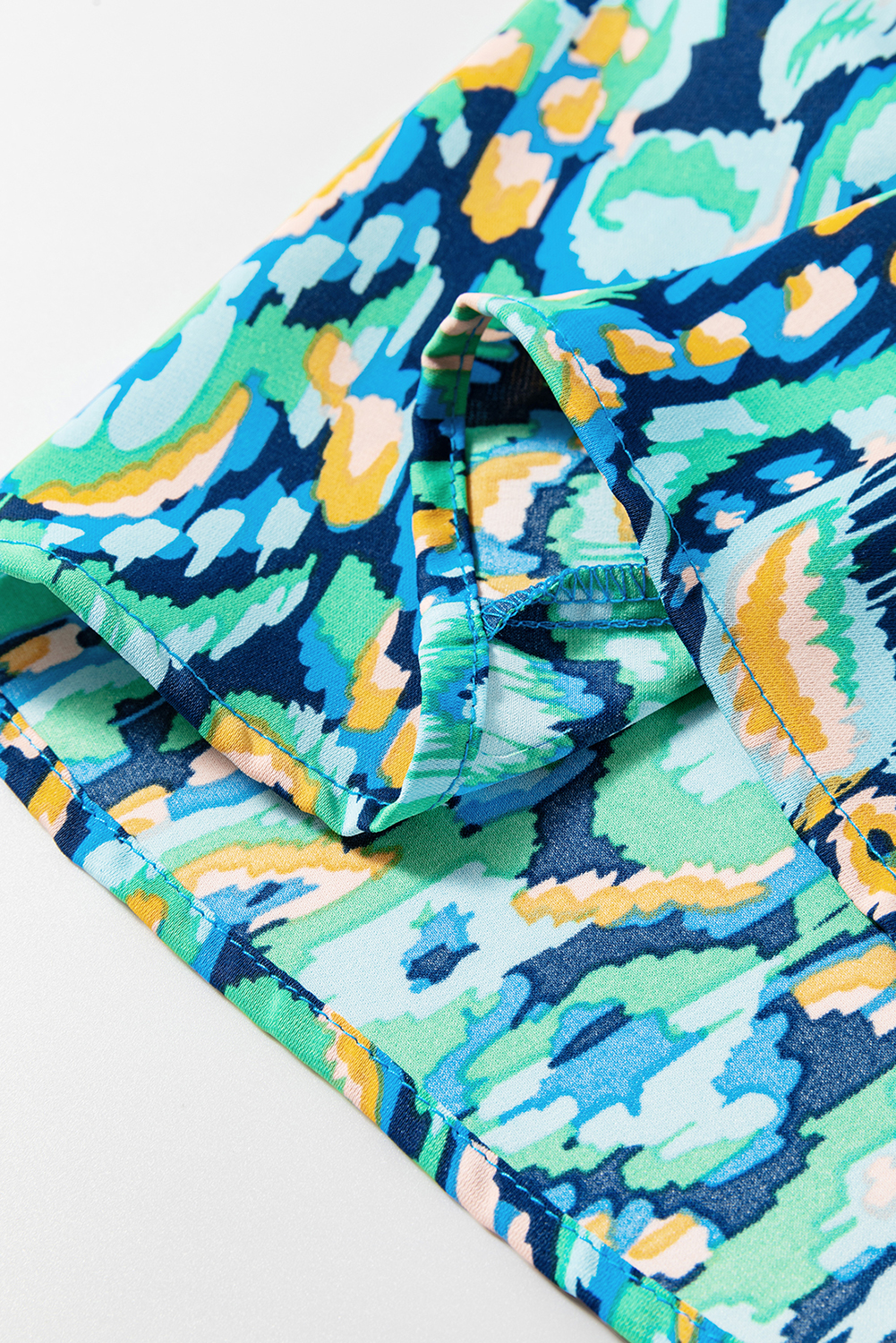 $9.35 Green Abstract Print Puff Sleeve V Neck High Waist