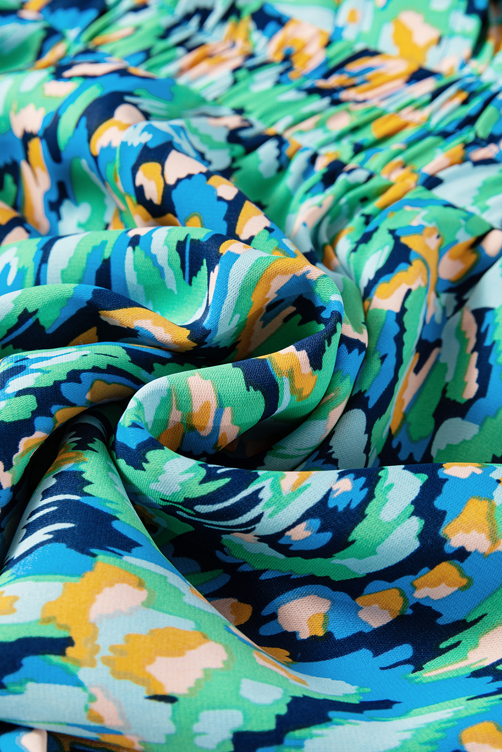 $9.35 Green Abstract Print Puff Sleeve V Neck High Waist