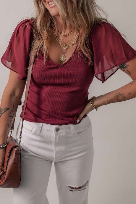 Red Dahlia Mesh nařasený rukáv Slim Fit Top s výstřihem do V
