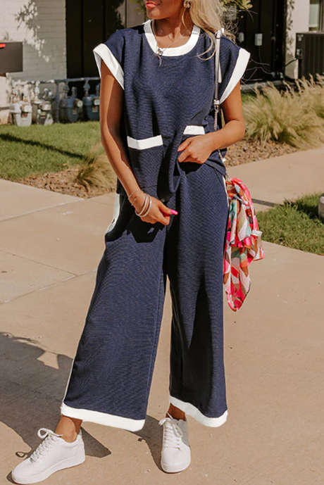 Navy Blue Color Block Pocketed T Shirt and Wide Leg Pants Set LC626622-P605