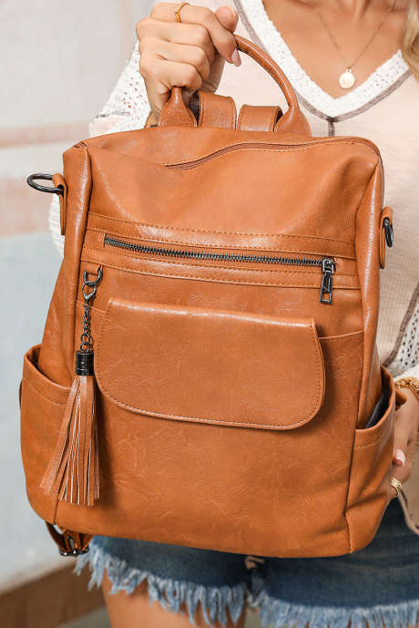 Коричневый рюкзак из искусственной кожи с декором кисточками и большой вместимостью