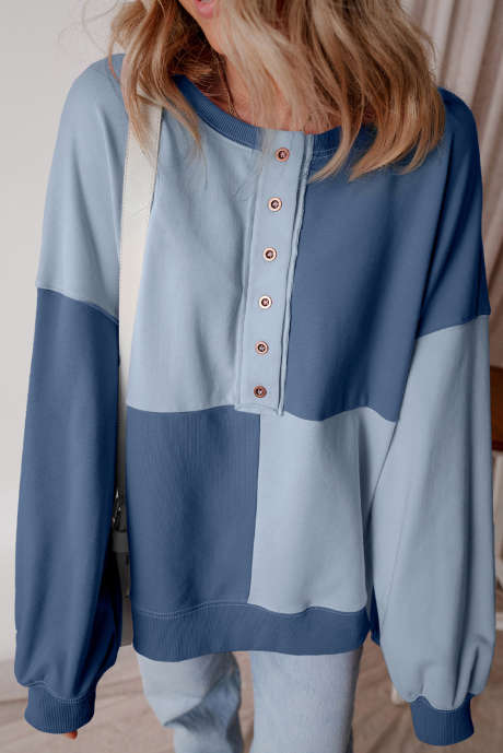 Felpa oversize alta e bassa con motivo Henley color block Beau Blue LC25317368-P804