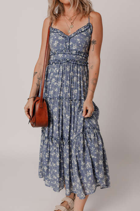 Vestido midi con escote en V, volantes y tirantes finos con estampado floral azul