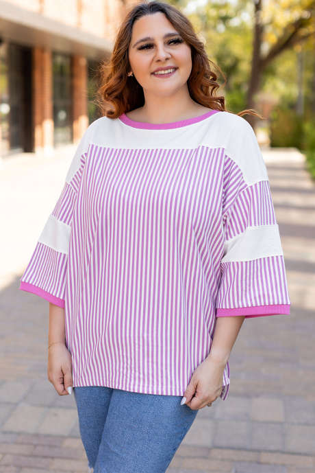 Pink Stripe Patchwork Bracelet Sleeve Plus Size T Shirt PL252928-P1019