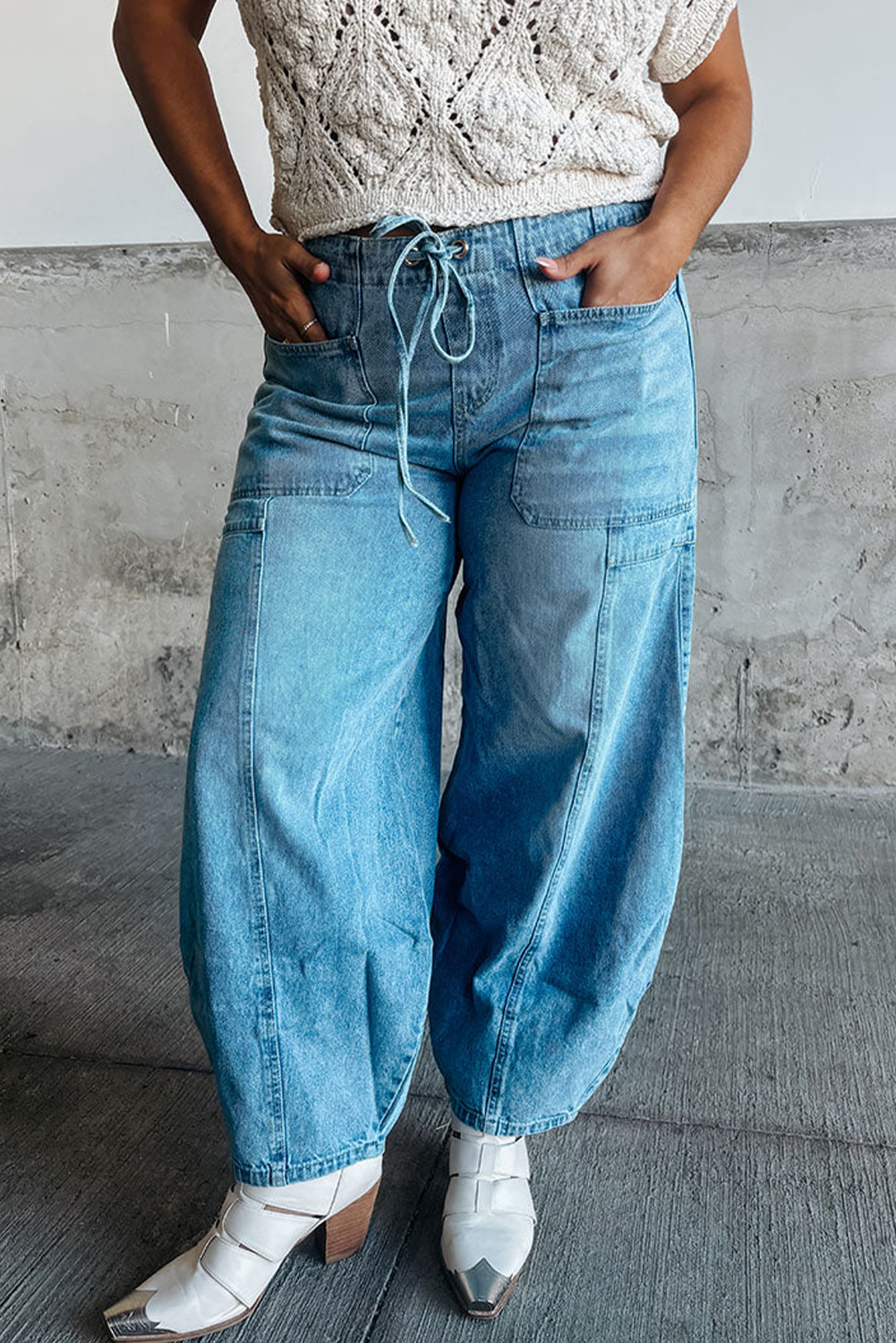 $14.98 Beau Blue Grommet Drawstring Plus Size Barrel Jeans Wholesale